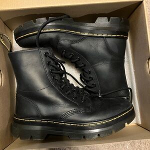 Dr. Martens Black Leather Lace-Up Combat Boots with Yellow Stitching